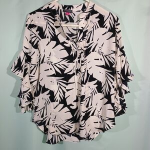 Black White Tropical Print Blouse Women's Flowy Ruffle Sleeve Lightweight Top